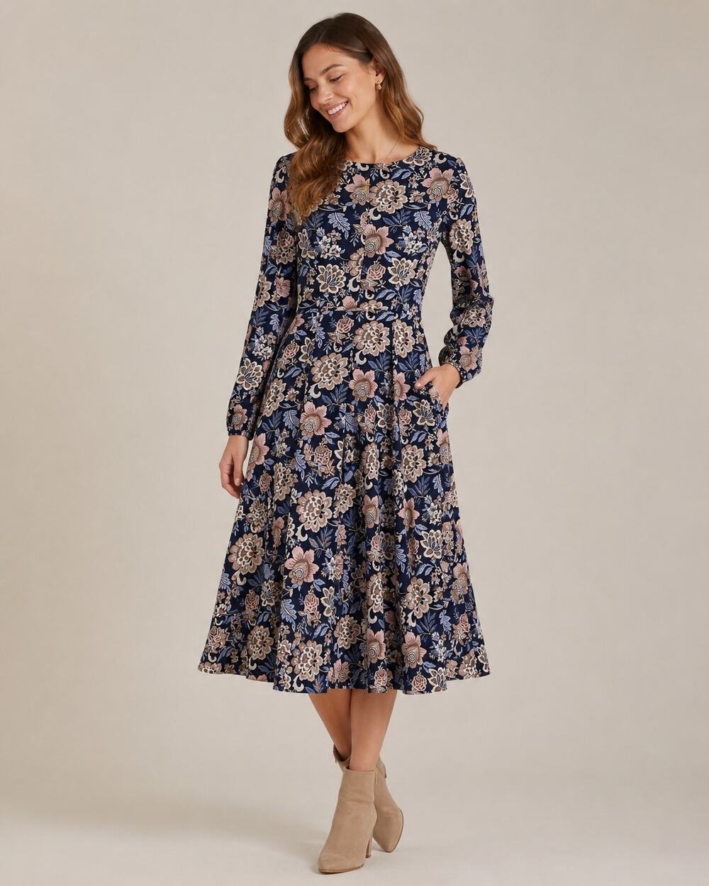Eliza J Navy Floral Midi Dress with Pink and Cream Accents